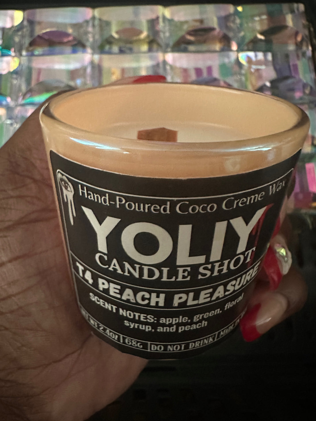 T4 Peach Pleasure Candle Shot in a iridescent sherbet 2.5oz vessel