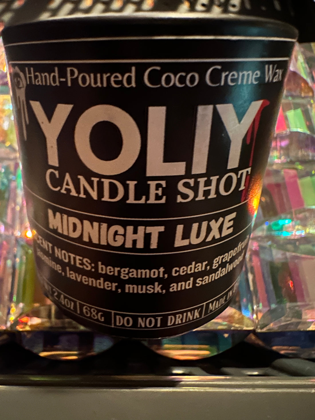 YOLIY Midnight Luxe Candle Shot is in a black matte or glass 2.5 oz  vesselnspired by Tony IV’s favorite cologne, Bleu de Chanel. Features bergamot, cedar, musk, sandalwood, and lavender. Perfect for gifts, memorials, romantic evenings, or elegant events.
