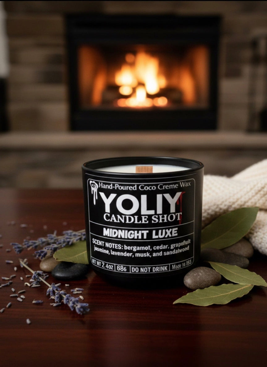 YOLIY Midnight Luxe Candle Shot is in a black matte or glass 2.5 oz  vesselnspired by Tony IV’s favorite cologne, Bleu de Chanel. Features bergamot, cedar, musk, sandalwood, and lavender. Perfect for gifts, memorials, romantic evenings, or elegant events.