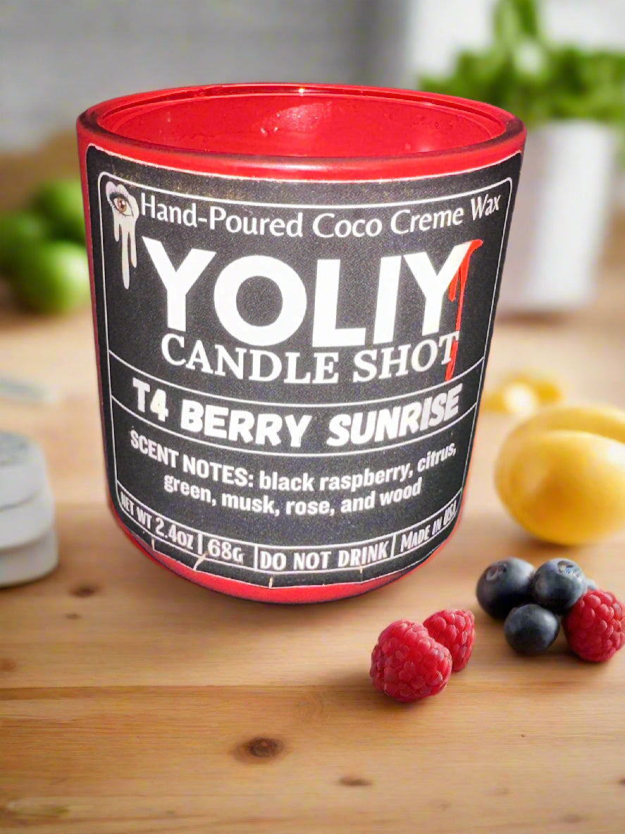 YOLIY Candle Shot "T4 Berry Sunrise" is a mini coco crème wax candle in a 2.5 oz glass jar, with a crackling wood wick,  featuring a fruity berry scented fragrance, perfect for birthdays, anniversaries, and wedding gifts.

