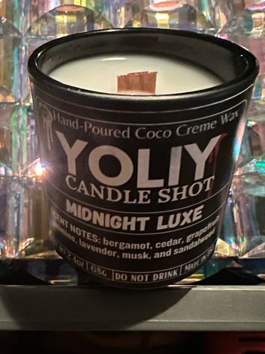 YOLIY Midnight Luxe Candle Shot is in a black matte or glass 2.5 oz  vesselnspired by Tony IV’s favorite cologne, Bleu de Chanel. Features bergamot, cedar, musk, sandalwood, and lavender. Perfect for gifts, memorials, romantic evenings, or elegant events.