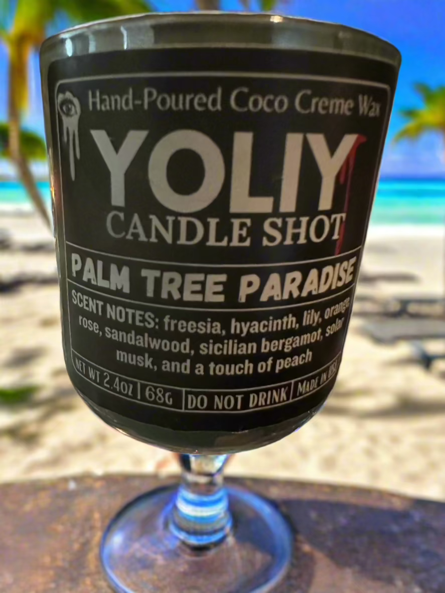 YOLIY Palm Tree Paradise Candle Shot comes in a 2.5 oz iridescent sage color vessel.This scent blends soft florals like freesia, hyacinth, rose, and lily with sparkling Sicilian bergamot, sweet orange, and a playful touch of peach.