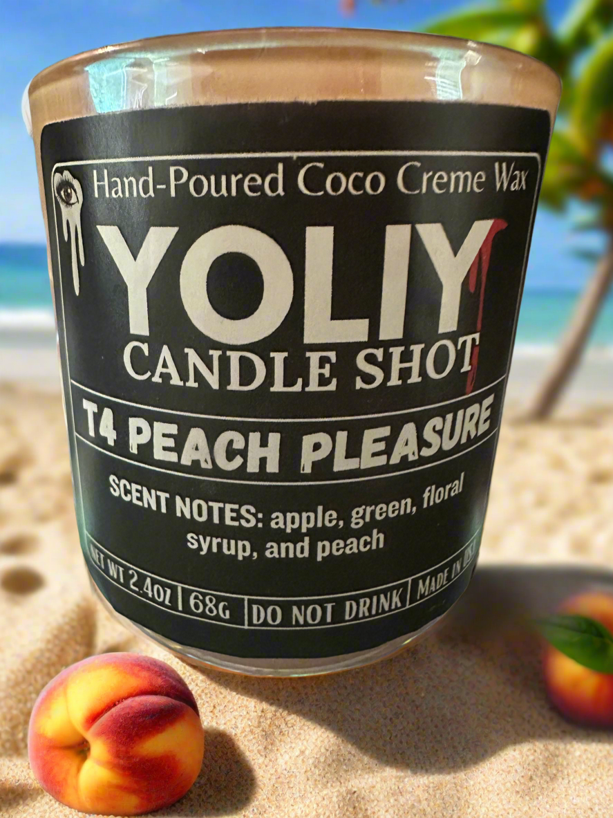 T4 Peach Pleasure Candle Shot in a iridescent sherbet 2.5oz vessel